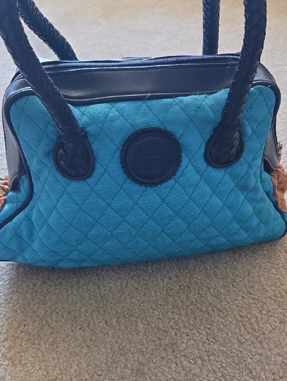 ANGELA FRASCONE Quilted Blue & Green Decorative Satchel Braided Black Handles